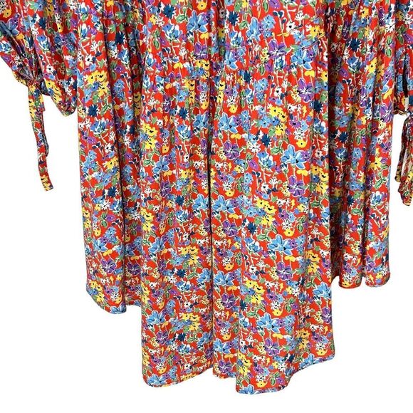 Perseverance London Dress Womens Small Red Floral Boho Cottage Core Tie Gathered - Picture 7 of 13